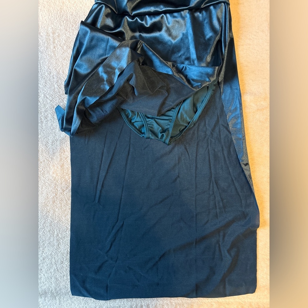 Revolution Dancewear Dark Teal Satin Midi Dress w Built in Leotard, Adult Small - Picture 3 of 9